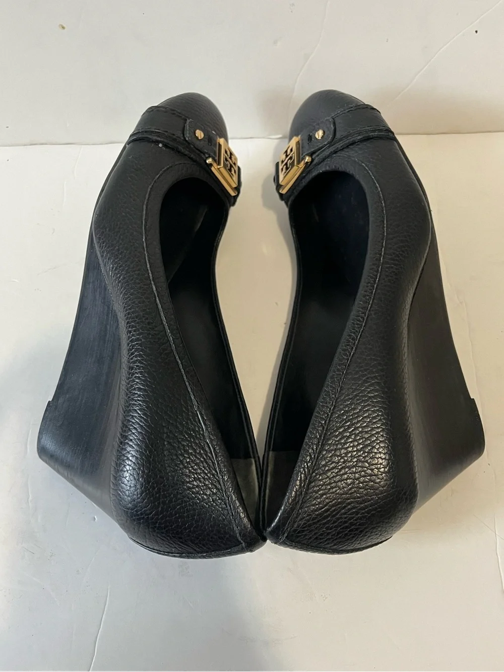 Tory Burch Black Leather Wedge Pumps with Gold Accent size 9M